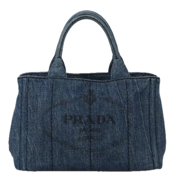 PRADA Canapa PM Hand Bag Denim Blue Gold Auth - Picture 2 of 15